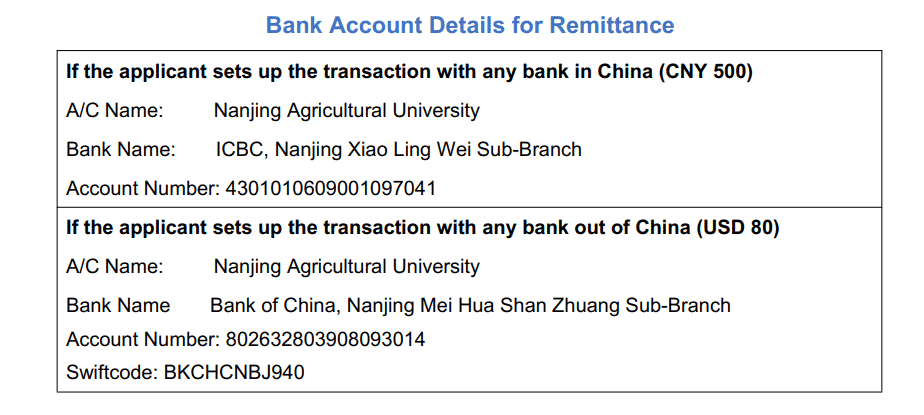 Nanjing Agriculture university application fee