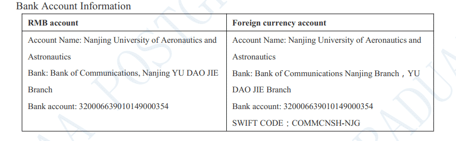 nuaa bank detail for fee deposit